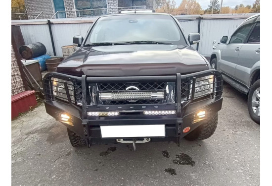 Бампер силовой передний OJ серии "ТРОФИ" для Nissan Navara D40 / Pathfinder R51 2010-2015 с кенгурином и противотуманными фарами
