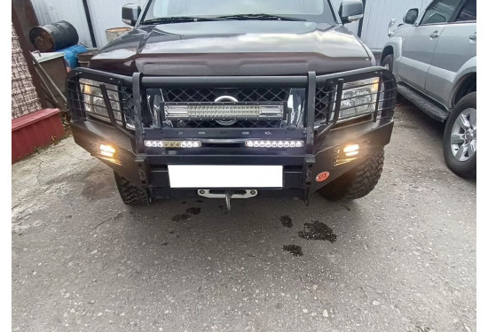 Бампер силовой передний OJ серии "ТРОФИ" для Nissan Navara D40 / Pathfinder R51 2010-2015 с кенгурином и противотуманными фарами