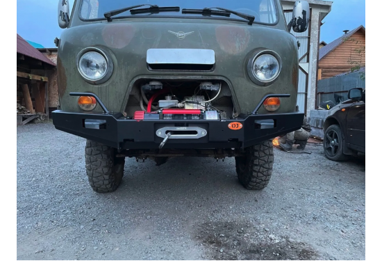 Бампер силовой передний OJ серии "ТРОФИ" для УАЗ 2206 "Буханка" с местами под ПТФ