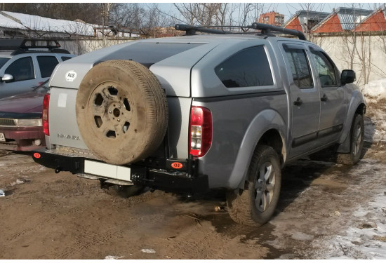 Бампер силовой задний OJ серии "ТРОФИ" для Nissan Navara D40 2010-2015 с калиткой под запаску и квадратом под фаркоп