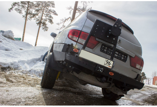 Бампер силовой задний OJ серии "ТРОФИ" для SsangYong Kyron 2007-2016 с калиткой под запаску и квадратом под фаркоп