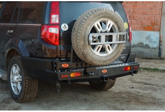 Бампер силовой задний OJ серии "ТРОФИ" для Great Wall Hover H3/H5 с калиткой под запаску и квадратом под фаркоп