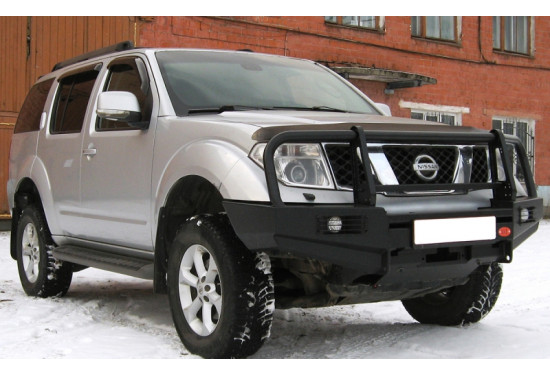 Бампер силовой передний OJ серии "ТРОФИ" для Nissan Navara D40 / Pathfinder R51 2004-2010 с кенгурином и противотуманными фарами