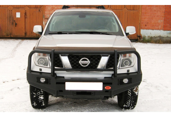 Бампер силовой передний OJ серии "ТРОФИ" для Nissan Navara D40 / Pathfinder R51 2004-2010 с кенгурином и противотуманными фарами