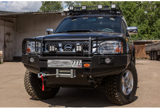 Бампер силовой передний OJ серии "ТРОФИ" для Nissan NP300 2010-2015 с кенгурином и ПТФ