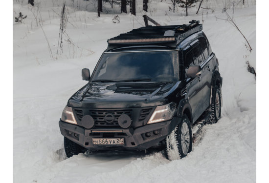 Бампер силовой передний STC для Nissan Patrol Y62 2010-2014 c защитной дугой, ПТФ и балкой дальнего света